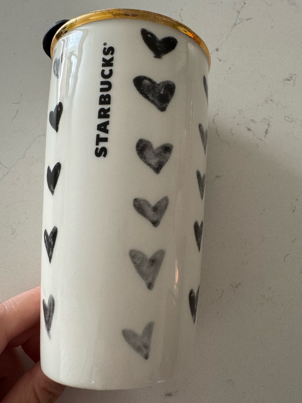 Starbucks RARE 2014 Starbucks Valentine Travel Tumbler Mug, 12 oz., Black Hearts - Picture 2 of 7
